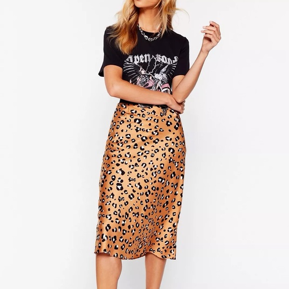 Nasty Gal Dresses & Skirts - Nasty Gal Tan High-Waisted Satin Leopard Print Midi Skirt Size 6